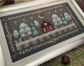 Counted Cross Stitch, Cabin in the Woods, Country Chic, Tuck Pillow, Night Time Scene, Moon, Border Motifs,  Flossabilities, PATTERN ONLY