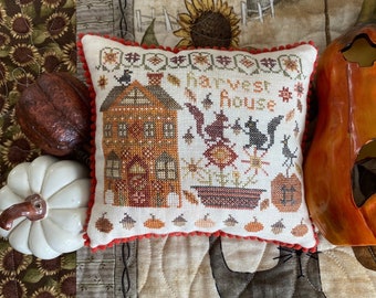 Counted Cross Stitch Pattern, Harvest House, Houses on Pumpkin Lane, Squirrels, Acorns, Pansy Patch, PATTERN ONLY