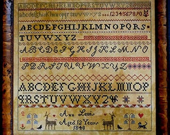 Cross Stitch Pattern, Little Annie Lewis, Primitive Decor, Alphabet Sampler, Deer, Birds, Flower Motifs, Band Sampler, La-D-Da, PATTERN ONLY