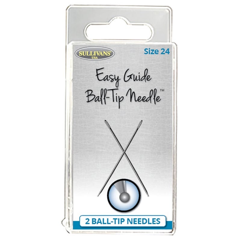 May include: A package of two size 24 Easy Guide Ball-Tip Needles. The needles are silver and have a round tip. The package is clear plastic with a hang hole.