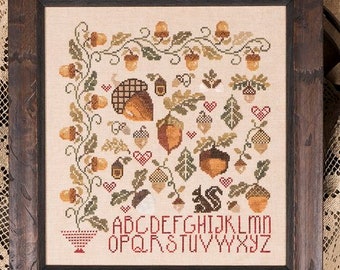 Counted Cross Stitch Pattern, Vintage Acorns, Oak Leaf, Alphabet Sampler, Motifs, Squirrel, Hearts, Jeannette Douglas Designs, PATTERN ONLY