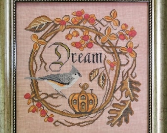 Counted Cross Stitch Pattern, Autumn Dream, Songbird's Garden, Tufted Titmouse, Bittersweet, Folk Art, Cottage Garden, PATTERN ONLY