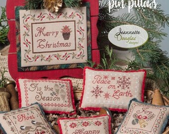 Counted Cross Stitch Pattern, Christmas Cheer, Pin Pillows, Poinsettia, Holly Leaves, Borders, Jeannette Douglas Designs, PATTERN ONLY