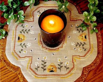 Cross Stitch Pattern, Little Candle Mats, Honey Bees, Beehive, Farmhouse Decor, Country Farmhouse, The Prairie Grove Peddler, PATTERN ONLY