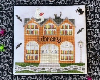 Counted Cross Stitch, Library, Spooky Hollow Series, Halloween, Ghost, Bats, Cat, Books, Cottage Chic, Little Stitch Girl, PATTERN ONLY