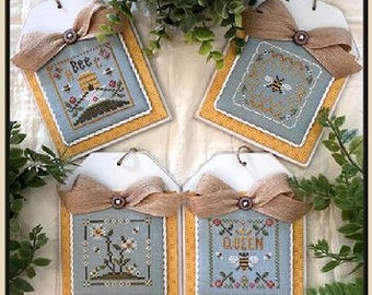 Counted Cross Stitch, Bumblebee Petites, Spring Decor, Bee Skep, Bees, Flower Motifs, Cottage Decor, Little House Needleworks, PATTERN ONLY