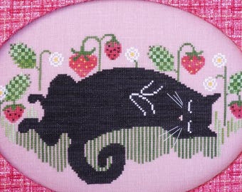 Cross Stitch Pattern, Strawberry Naps, Garden Decor, Cat, Strawberry Blossoms, Fruit Motifs, Tuck Pillow, Lindy Stitches, PATTERN ONLY