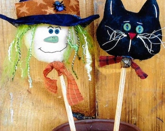 Sewing Pattern, Witch N Cat, Halloween Pattern, Black Cat, Halloween Witch, Plant Pokes, Primitive Decor, Cottonwood Creations, PATTERN ONLY