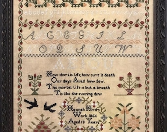 Counted Cross Stitch Pattern, Hannah Hird 1854, Reproduction Sampler, Inspirational, Primitive Decor, The Scarlett House, PATTERN ONLY