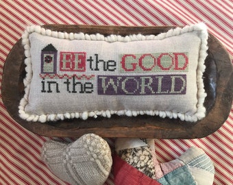 Counted Cross Stitch, Be The Good, Hearts, Snowman, Winter decor, Sampler, Tuck Pillow, Amy Bruecken Designs, PATTERN ONLY