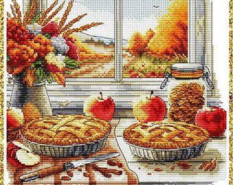 Counted Cross Stitch Pattern, Apple Pie Window, Pillow, Tote Bag, Autumn Decor, Country Kitchen, Les Petites Croix de Lucie, PATTERN ONLY