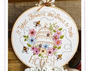 Embroidery Pattern, Flowers Bees Honey, Hive, Flower Motifs, Bee Skep, Bird Brain Designs, PATTERN ONLY