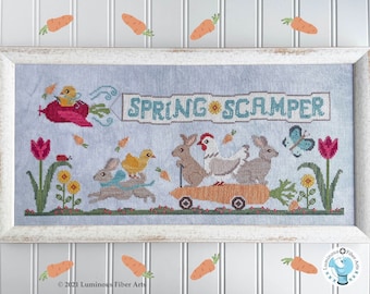 Counted Cross Stitch Pattern, Spring Scamper, Bunnies, Easter Decor, Spring Decor, Luminous Fiber Arts, PATTERN ONLY