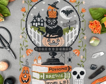 Counted Cross Stitch Pattern, Halloween Crystal Ball Set, Halloween Decor, Black Cat, Owl, Spooky Primitive, Tiny Modernist, PATTERN ONLY