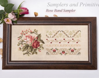 Counted Cross Stitch Pattern, Rose Band Sampler, Roses, Band Motifs, Country Primitive, Samplers and Primitives, PATTERN ONLY