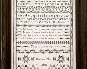 Counted Cross Stitch Pattern, Charlotte Mash 1830, Reproduction Sampler, Antique Reproduction, Hands Across the Sea, PATTERN ONLY