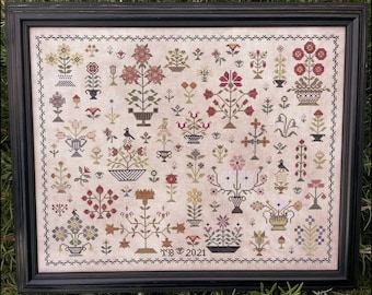 Counted Cross Stitch Pattern, Floral Motif Sampler, Flower Basket Sampler, Flower Baskets, Floral Sampler, The Scarlett House, PATTERN ONLY