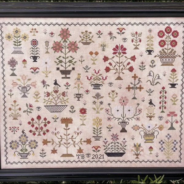 Counted Cross Stitch Pattern, Floral Motif Sampler, Flower Basket Sampler, Flower Baskets, Floral Sampler, The Scarlett House, PATTERN ONLY