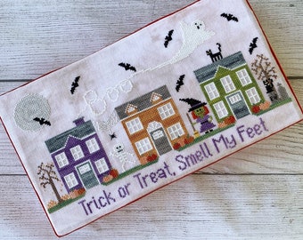 Counted Cross Stitch, Haunted Hill Road, Halloween Decor, Witch, Skeleton, Bats, Ghosts, Trick or Treat, Little Stitch Girl, PATTERN ONLY