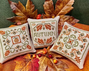 Counted Cross Stitch Pattern,  Autumn on the Square, Pillow Ornaments, Autumn Decor, Acorns, ScissorTail Designs, PATTERN ONLY