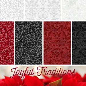 Quilt Fabric, Joyful Traditions, Christmas Fabrics, Scrolls, Swirls, White Poinsettias, Quilters Cotton, Holiday Fabric, Hoffman Fabrics