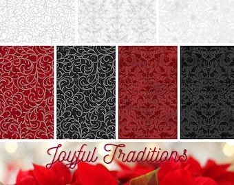 Quilt Fabric, Joyful Traditions, Christmas Fabrics, Scrolls, Swirls, White Poinsettias, Quilters Cotton, Holiday Fabric, Hoffman Fabrics
