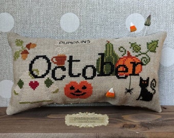 Counted Cross Stitch Pattern, When I Think Of October, Autumn Decor, Pillow Ornament, Spider, Acorns, Sweater, Puntinipuntini, PATTERN ONLY