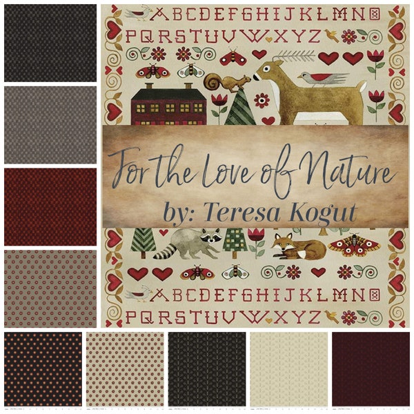 Quilt Fabric, For the Love of Nature, Woodland Animals, Fox, Deer, Rabbit, Evergreens, Moths, Squirrels, Teresa Kogut, Riley Blake