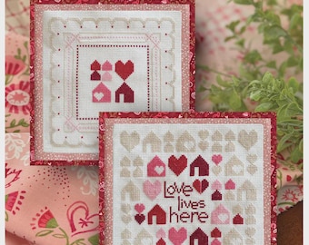 Counted Cross Stitch Pattern, Love Lives Here & Lace-Edged Homes, Heart Motif, Valentine's Day, House Motif, Robin Pickens, Pattern ONLY