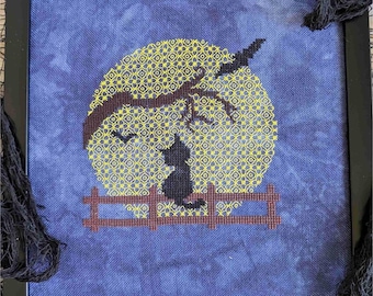 Counted Cross Stitch, Meow at the Moon, Halloween Decor, Bowl Filler, Pillow Ornament, Bats, Moon, Cat, The Mindful Needle, PATTERN ONLY