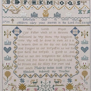 Cross Stitch Pattern, Susan Scott 1734, Sampler Reproduction, Lord's Prayer, English Sampler, Motifs, Gentle Pursuit Designs, PATTERN ONLY