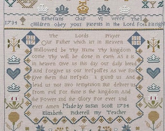 Cross Stitch Pattern, Susan Scott 1734, Sampler Reproduction, Lord's Prayer, English Sampler, Motifs, Gentle Pursuit Designs, PATTERN ONLY