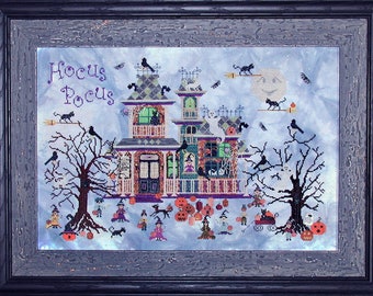Counted Cross Stitch Pattern, Esmeralda's Academy of Charms, Halloween Decor, Cats, Ghosts, Witches, Praiseworthy Stitches, PATTERN ONLY