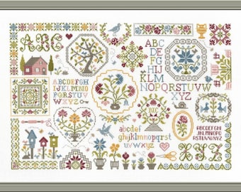 Counted Cross Stitch Pattern, Sampler aux Médaillons, Alphabet, Spring, Springtime Flowers, Jardin Prive, Nathalie Cichon, PATTERN ONLY