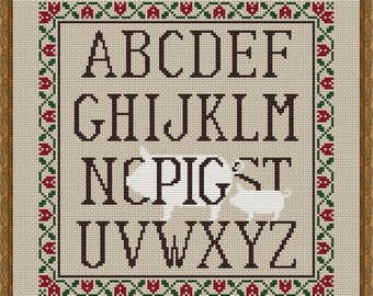 Counted Cross Stitch Pattern, L M N O Pig, Piggie Alphabet, Alphabet Sampler, Pigs, Happiness is Heart Made, PATTERN ONLY