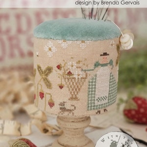 Counted Cross Stitch Pattern, A Girl in Her Garden, Strawberries, Spring Pin Drum, Primitive Decor, Brenda Gervais, PATTERN ONLY