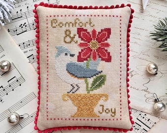 Counted Cross Stitch Pattern, Comfort & Joy, Blue Jay, Poinsettia, Christmas Decor, Christmas Ornament,  Luminous Fiber Arts, PATTERN ONLY