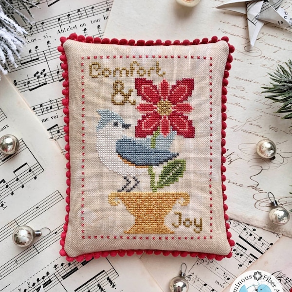 Counted Cross Stitch Pattern, Comfort & Joy, Blue Jay, Poinsettia, Christmas Decor, Christmas Ornament,  Luminous Fiber Arts, PATTERN ONLY