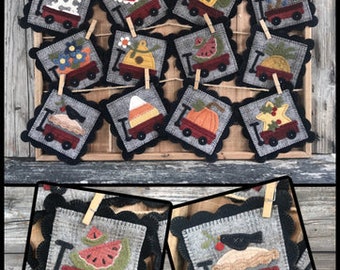 Wool Applique Pattern, A Little Wagon Full, Monthly Mats, Wall Hangings, Pillow Ornaments, Bowl Fillers, Wooden Spool Designs, PATTERN ONLY