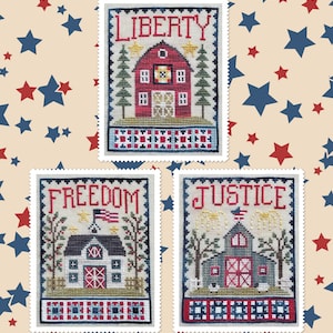 Counted Cross Stitch Pattern, Patriotic Barn Trio, Patriotic Decor, Americana, American Flag, Waxing Moon Designs, PATTERN ONLY