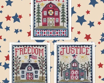 Counted Cross Stitch Pattern, Patriotic Barn Trio, Patriotic Decor, Americana, American Flag, Waxing Moon Designs, PATTERN ONLY