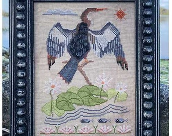 Counted Cross Stitch, Anna's Bird, Anhinga Water Bird, Lake Shore, Lily Pads, Summer Decor, Carriage House Samplings, PATTERN ONLY