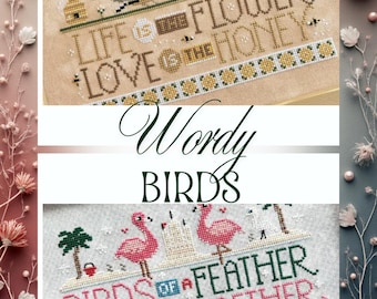 MONTHLY Counted Cross Stitch Pattern, Wordy Birds, Blue Jays, Love Birds, Robins, Chickadees, Flamingos, Sweet Wing Studio, PATTERN ONLY