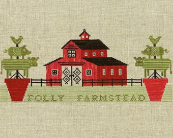 Counted Cross Stitch Pattern, Folly Farmstead, Red Barn, Pigs, Cows, Chickens, Country Rustic, Folk Art, Artful Offerings, PATTERN ONLY