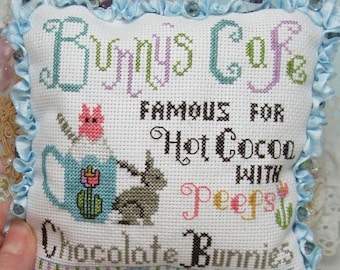 Counted Cross Stitch Pattern, Bunny's Cafe, Have A Cuppa Collection, Pillow Ornament, Easter Motif, KiraLyns Needlearts, PATTERN ONLY