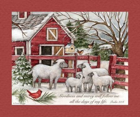 Quilt Fabric Barn Panel Winter Fabric Barn Sheep Cardinals