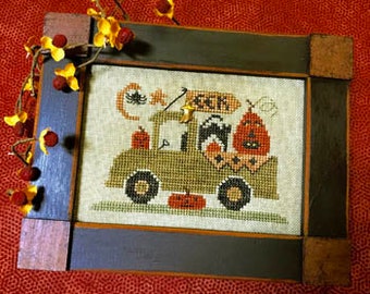 Cross Stitch Pattern, Trick or Treat Truck, Halloween Decor, Black Cat, Jack-O-Lantern, Pick-Up Truck, Moon, Homespun Elegance, PATTERN ONLY