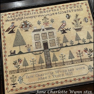 Counted Cross Stitch Pattern, Jane Charlotte Wynn, Antique Reproduction, Reproduction Sampler, The Scarlett House, PATTERN ONLY