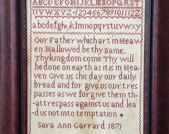 Counted Cross Stitch Pattern, Sarah Ann Garrard 1871, Reproduction Sampler, Lord's Prayer, Lila's Studio.  PATTERN ONLY