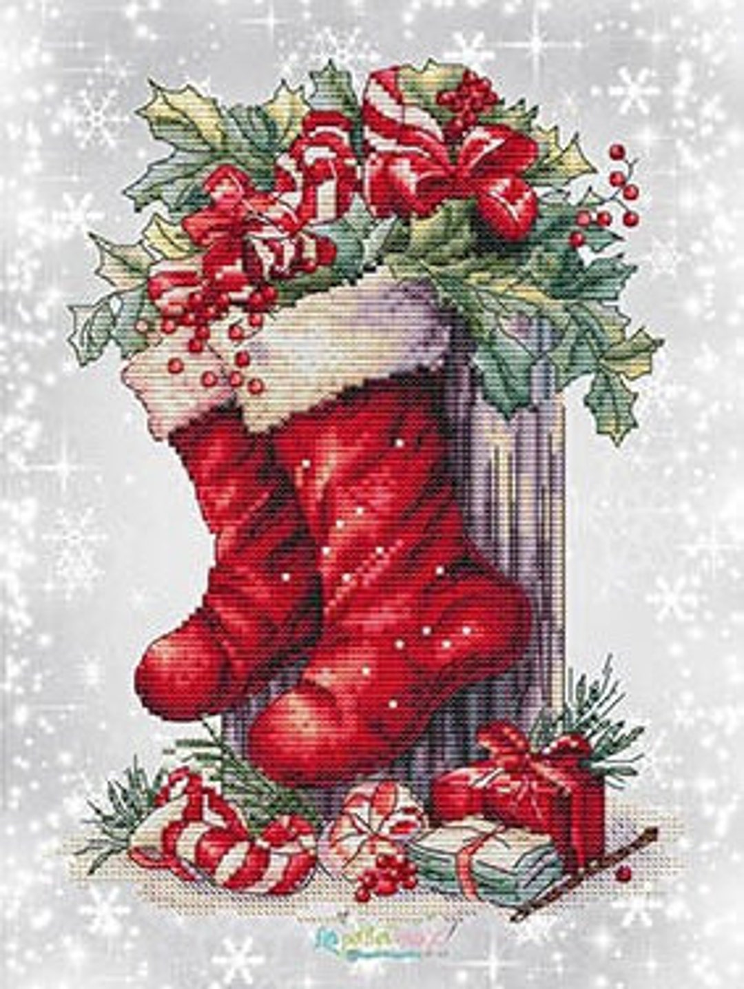Counted Cross Stitch Pattern, Waiting for Christmas, Christmas Decor, Stockings, Holly, Berries ...